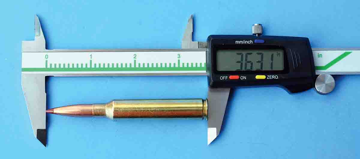 Hornady .300 PRC factory loads measured 3.631 inches. However, maximum overall cartridge length is established at 3.700 inches.